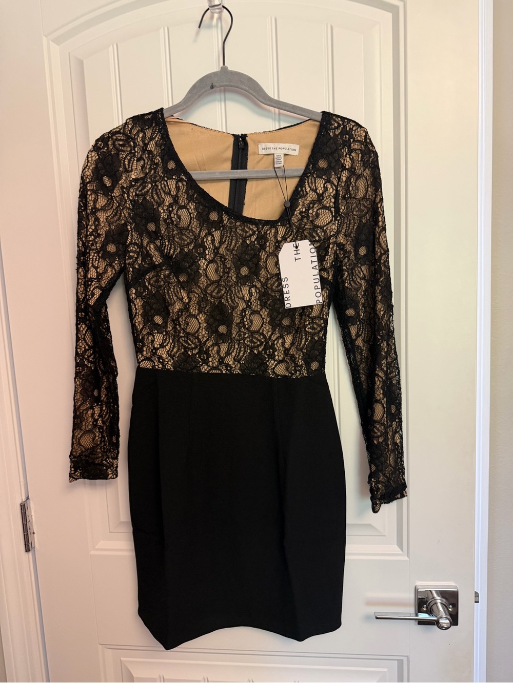 Dress the Population Black Lace Long Sleeve Sheath Dress with Nude Lining
